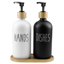 Load image into Gallery viewer, Glass Soap Dispenser Set Hand and Dish Soap Dispenser Set with Tray for Bathroom Kitchen Decor Black &amp; White
