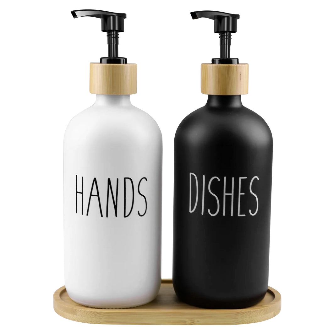 Glass Soap Dispenser Set Hand and Dish Soap Dispenser Set with Tray for Bathroom Kitchen Decor Black & White