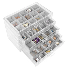 Load image into Gallery viewer, Acrylic Jewelry Box with 5 Drawers, 75 Slots Clear Earring Storage Organizer Display Case for Women, Velvet Earring Display Holder for Earrings Ring Bracelet Necklace, Gray

