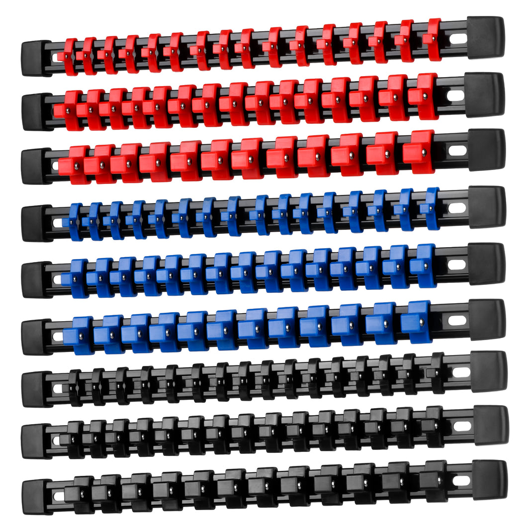 9 PC ABS Socket Organizer, 1/2 inch, 3/8 inchand1/4 inch Drive Socket Rail Holders, Heavy Duty Socket Racks, Black Rails with Red Blue Black Clips