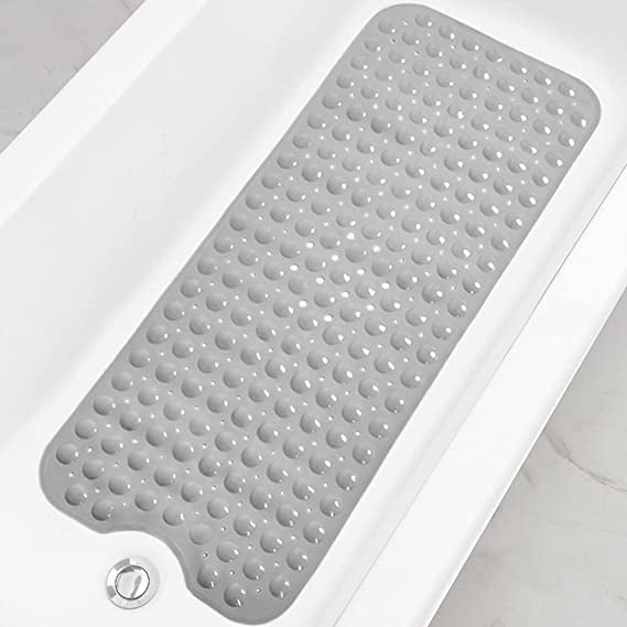 Bath Mat, Extra Long Non-Slip Bath Mat 39 x 16 Inch, Machine Washable Bath Tub Mat with Suction Cups & Drain Holes for Bathroom, Gray